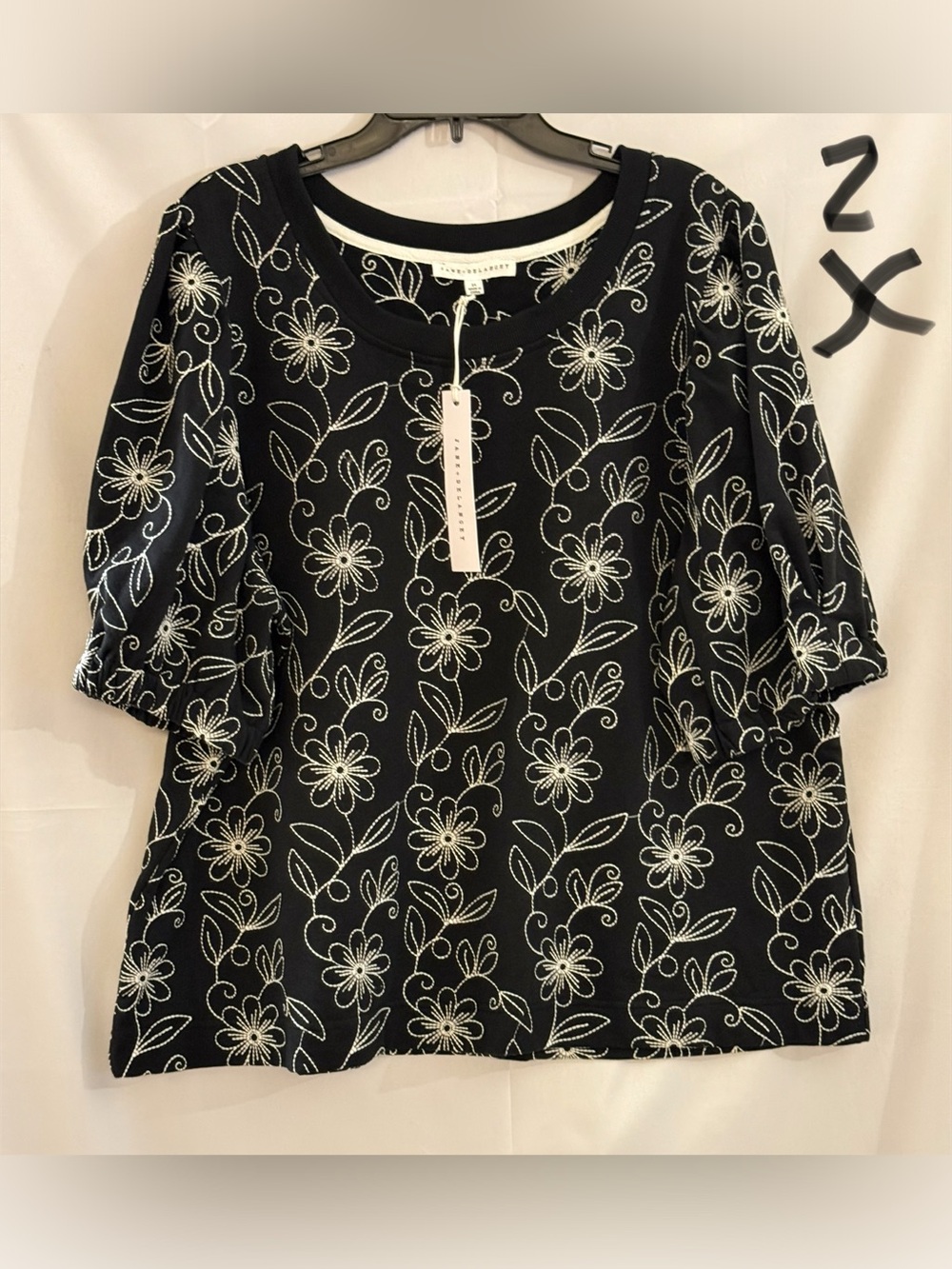 Jane and Delancey Black Top with White Floral Stitching